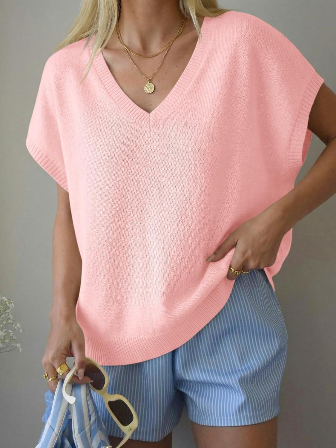 image:imageSaodimallsu Womens Oversized Sweaters Batwing Short Sleeve Lightweight V Neck Casual Summer Knit Pullover TopsPink