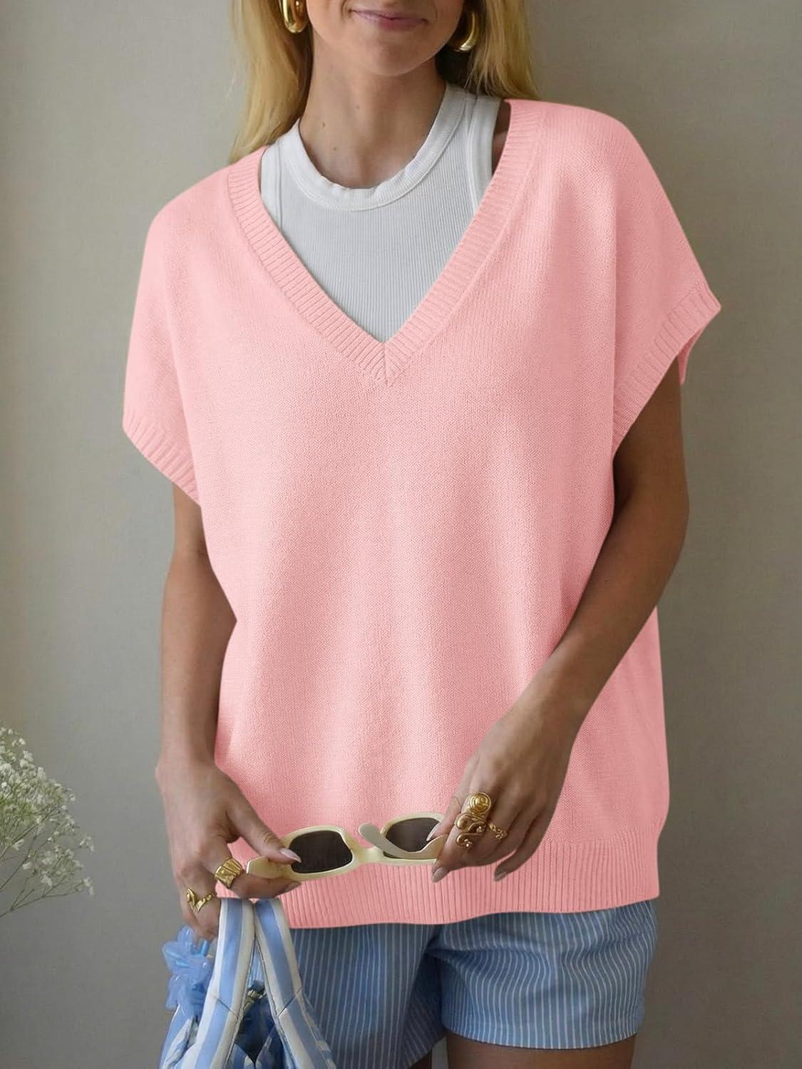 image:imageSaodimallsu Womens Oversized Sweaters Batwing Short Sleeve Lightweight V Neck Casual Summer Knit Pullover TopsPink