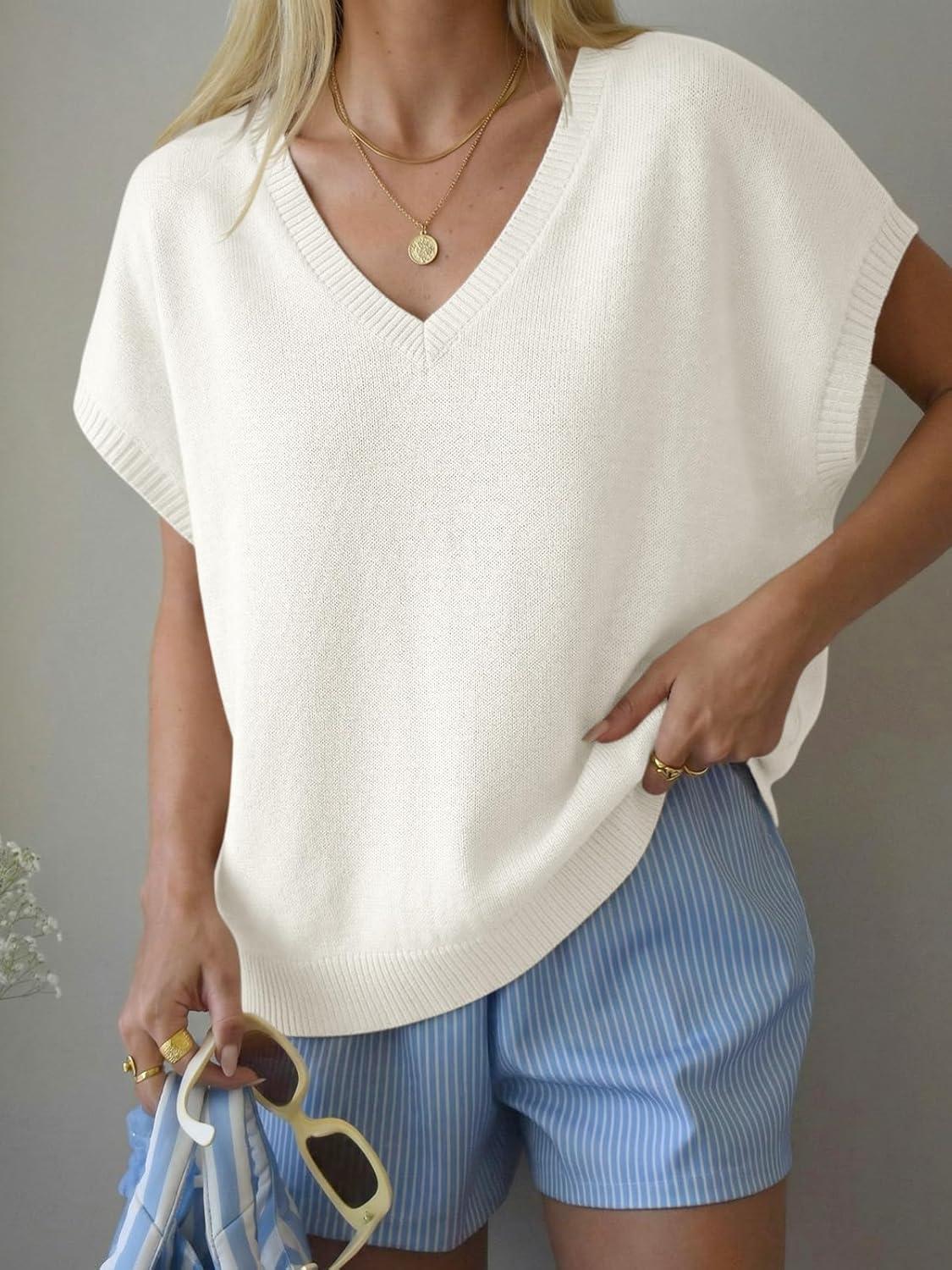 image:imageSaodimallsu Womens Oversized Sweaters Batwing Short Sleeve Lightweight V Neck Casual Summer Knit Pullover TopsWhite