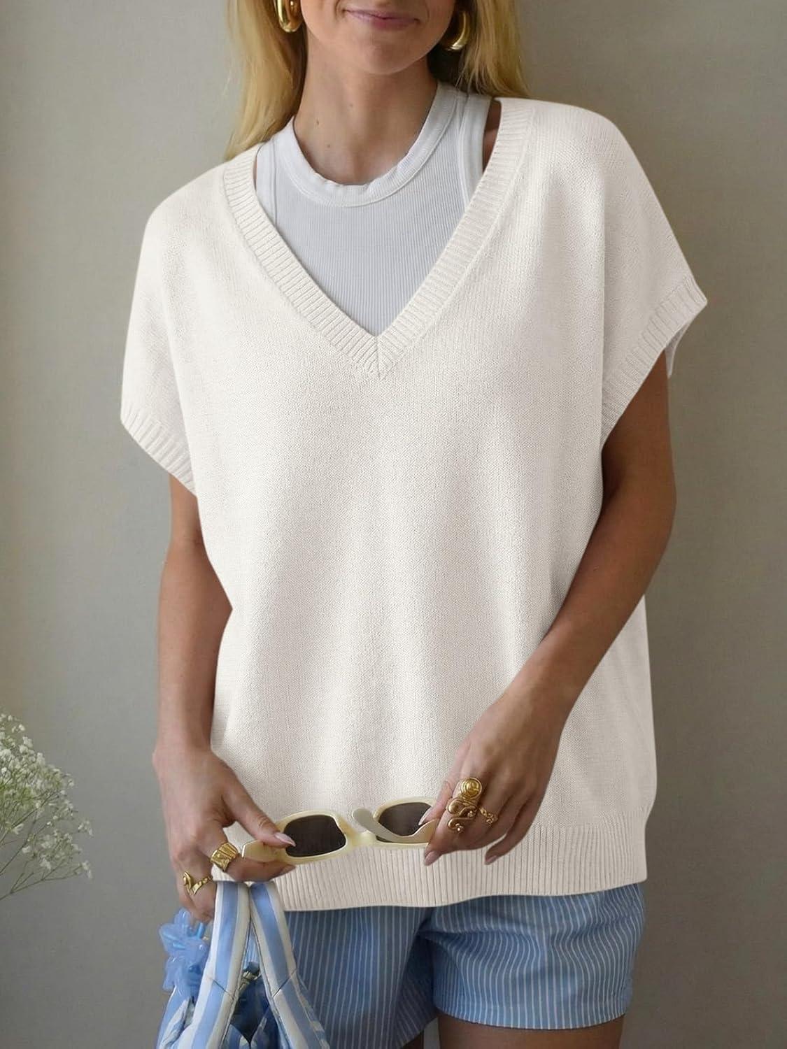 image:imageSaodimallsu Womens Oversized Sweaters Batwing Short Sleeve Lightweight V Neck Casual Summer Knit Pullover TopsWhite