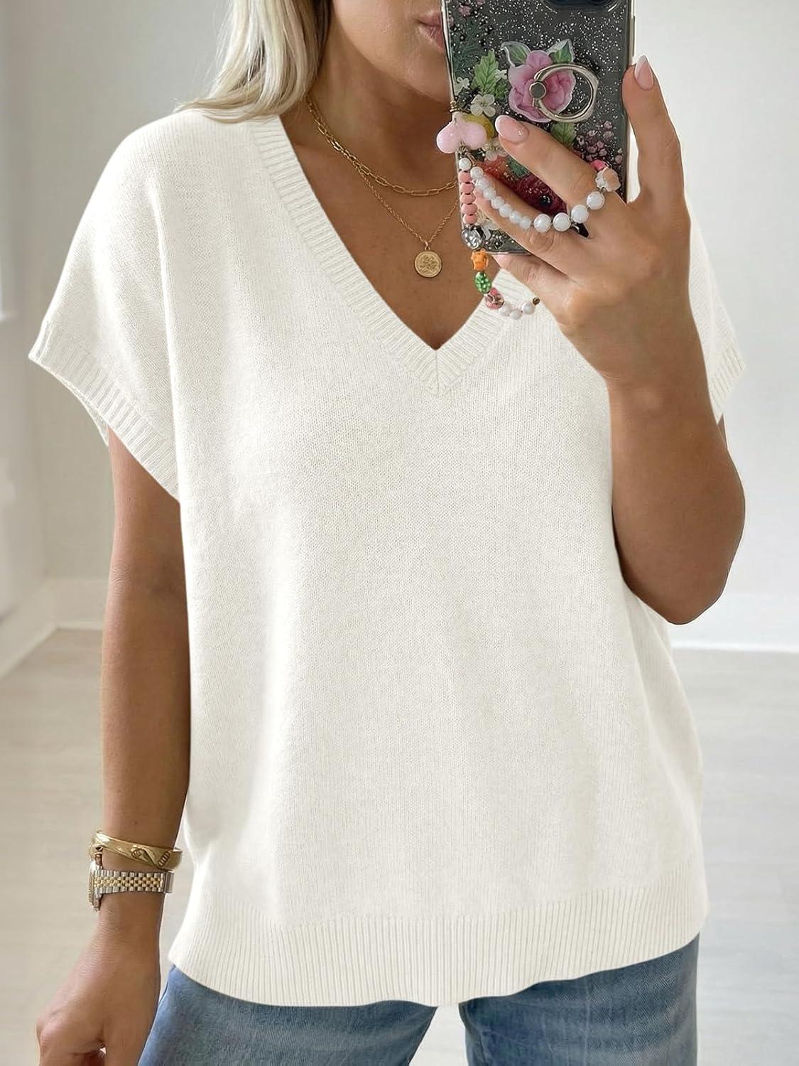image:imageSaodimallsu Womens Oversized Sweaters Batwing Short Sleeve Lightweight V Neck Casual Summer Knit Pullover TopsWhite