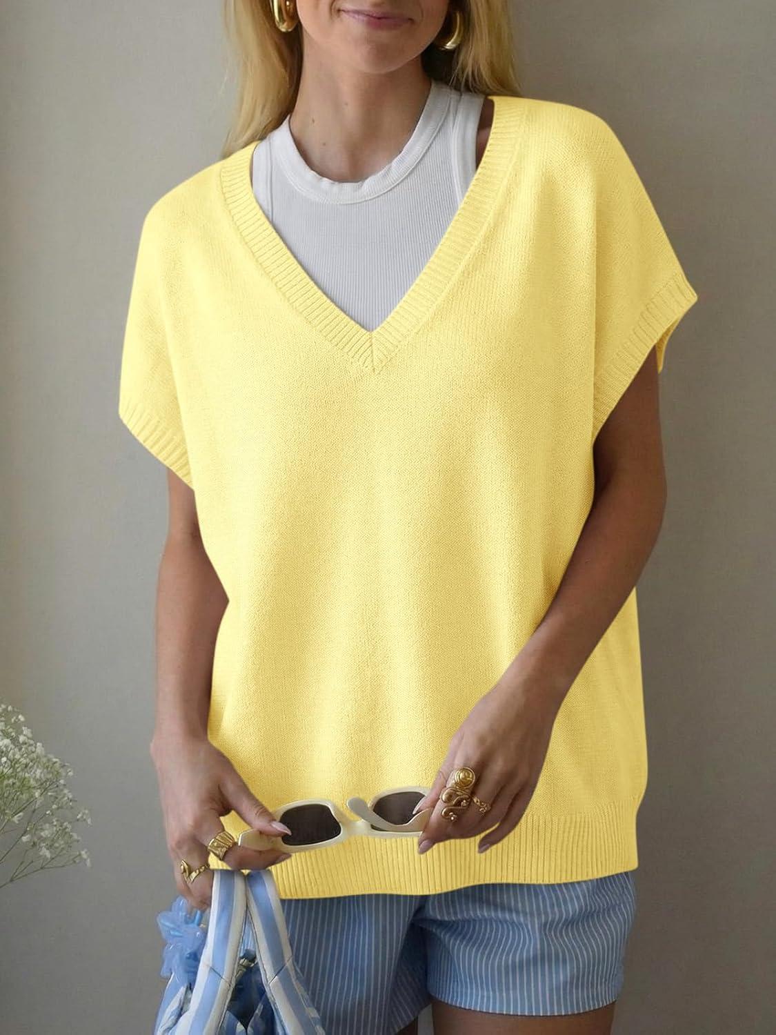 image:imageSaodimallsu Womens Oversized Sweaters Batwing Short Sleeve Lightweight V Neck Casual Summer Knit Pullover TopsYellow
