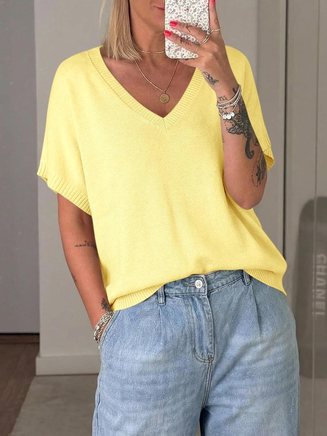 image:imageSaodimallsu Womens Oversized Sweaters Batwing Short Sleeve Lightweight V Neck Casual Summer Knit Pullover TopsYellow