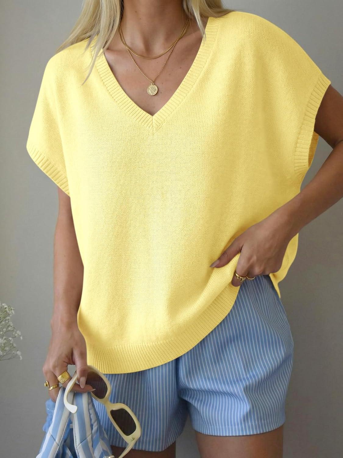 image:imageSaodimallsu Womens Oversized Sweaters Batwing Short Sleeve Lightweight V Neck Casual Summer Knit Pullover TopsYellow
