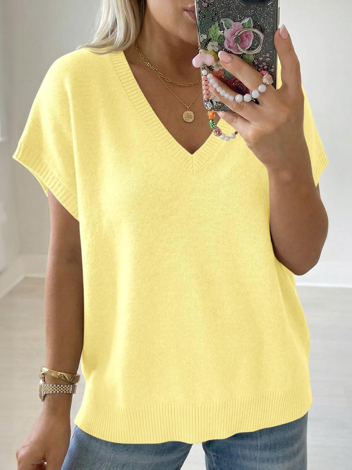 image:imageSaodimallsu Womens Oversized Sweaters Batwing Short Sleeve Lightweight V Neck Casual Summer Knit Pullover TopsYellow