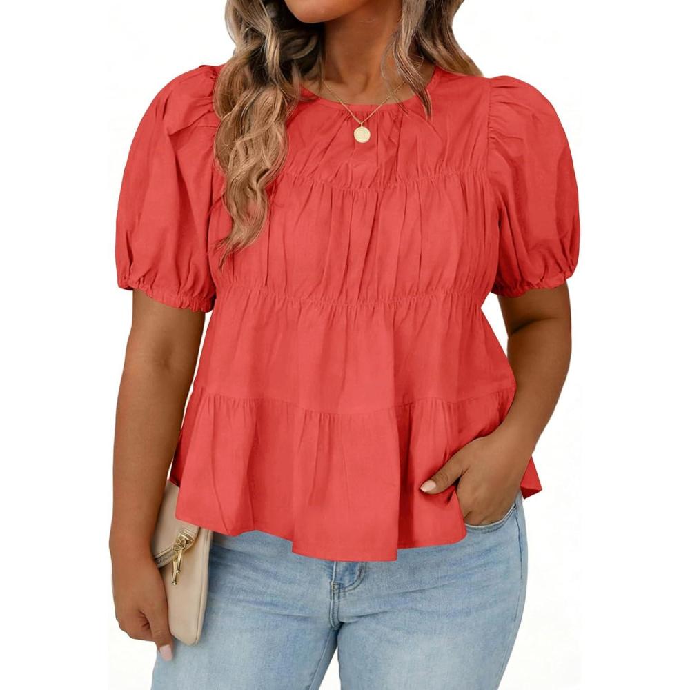 image:imageBeautife Womens Plus Size Peplum Babydoll Tops Puff Short Sleeve Smoked Pleated Crew Neck Flowy Cotton Blouse ShirtsRed