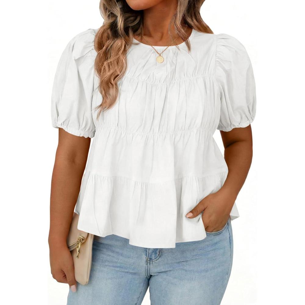 image:imageBeautife Womens Plus Size Peplum Babydoll Tops Puff Short Sleeve Smoked Pleated Crew Neck Flowy Cotton Blouse ShirtsWhite