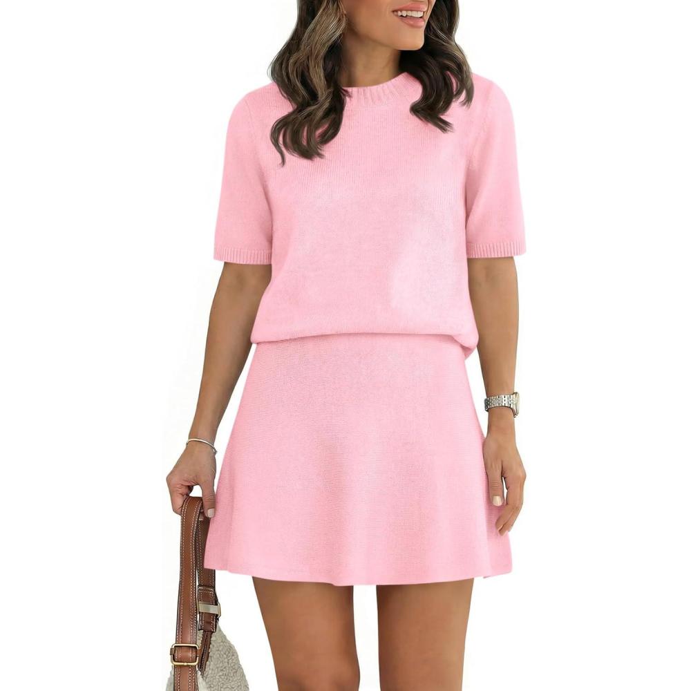 image:imageSaodimallsu Womens 2 Piece Skirt Set Short Sleeve Crew Neck Sweaters A Line Mini Skirts Knit Lounge Sweater SetsPink