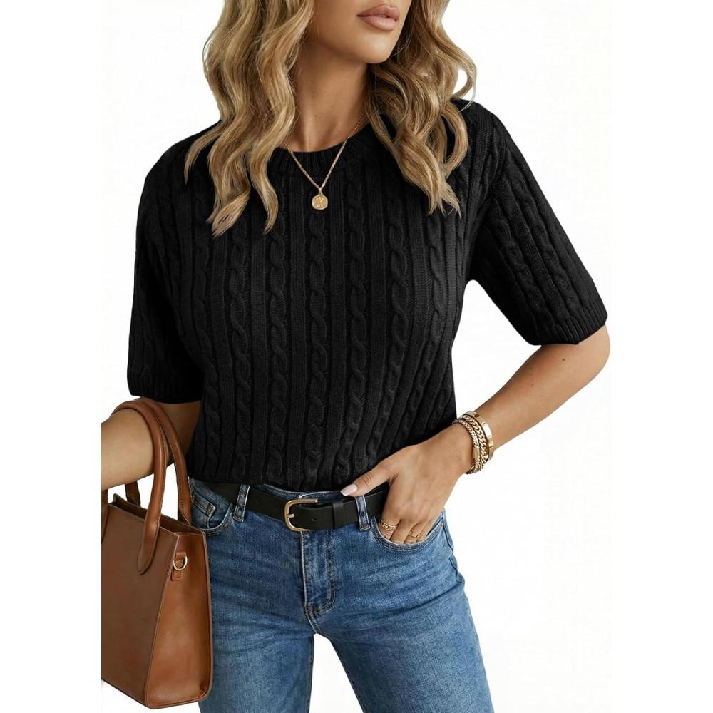 image:imageSaodimallsu Womens Cable Knit Sweater Tops Short Sleeve Crew Neck Loose Casual Summer Pullover SweatersBlack