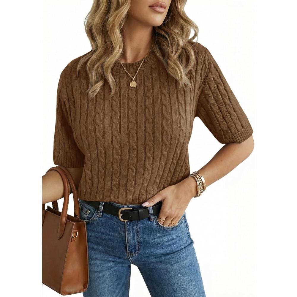 image:imageSaodimallsu Womens Cable Knit Sweater Tops Short Sleeve Crew Neck Loose Casual Summer Pullover SweatersCoffee