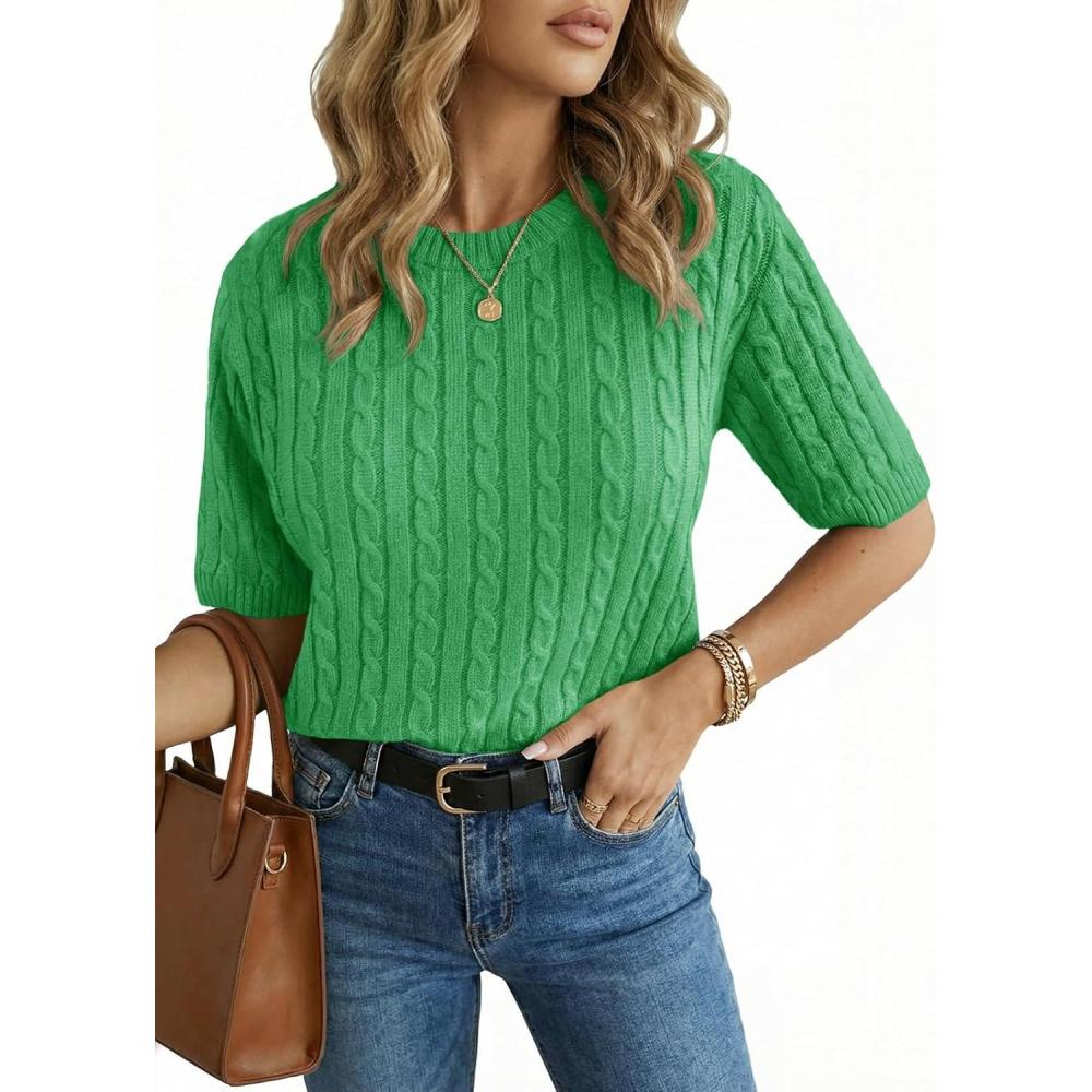 image:imageSaodimallsu Womens Cable Knit Sweater Tops Short Sleeve Crew Neck Loose Casual Summer Pullover SweatersGreen