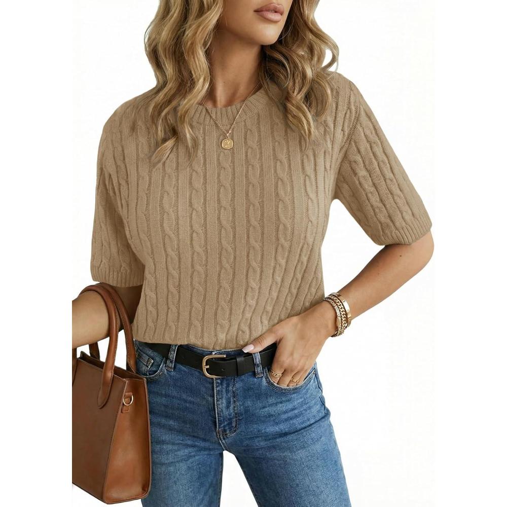 image:imageSaodimallsu Womens Cable Knit Sweater Tops Short Sleeve Crew Neck Loose Casual Summer Pullover SweatersKhaki
