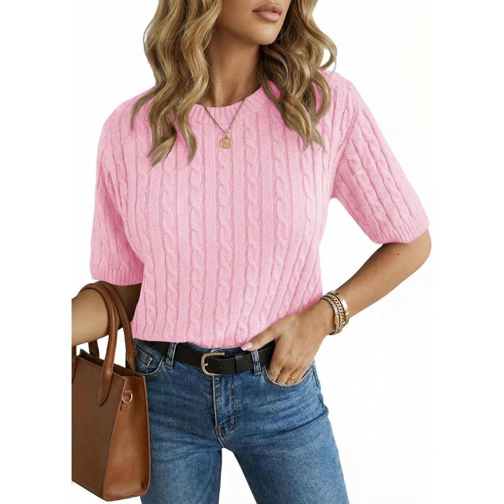 image:imageSaodimallsu Womens Cable Knit Sweater Tops Short Sleeve Crew Neck Loose Casual Summer Pullover SweatersPink