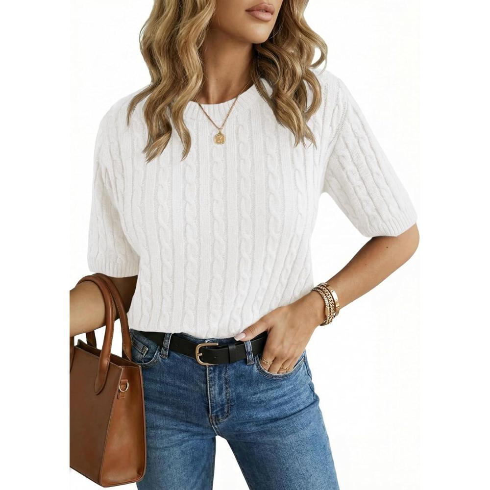 image:imageSaodimallsu Womens Cable Knit Sweater Tops Short Sleeve Crew Neck Loose Casual Summer Pullover SweatersWhite