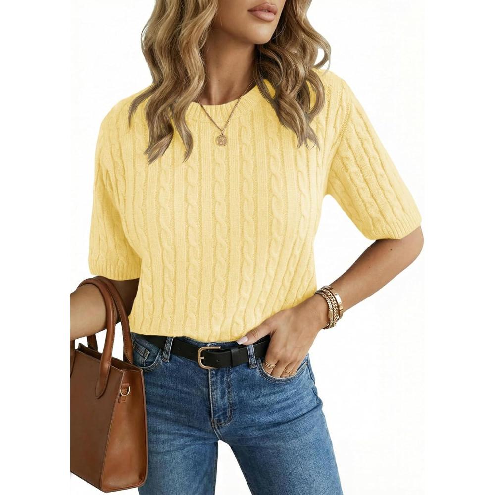 image:imageSaodimallsu Womens Cable Knit Sweater Tops Short Sleeve Crew Neck Loose Casual Summer Pullover SweatersYellow