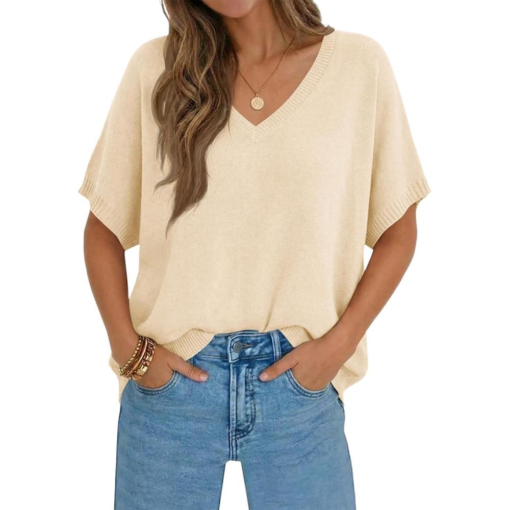 image:imageSaodimallsu Womens Oversized Sweaters Batwing Short Sleeve Lightweight V Neck Casual Summer Knit Pullover TopsApricot
