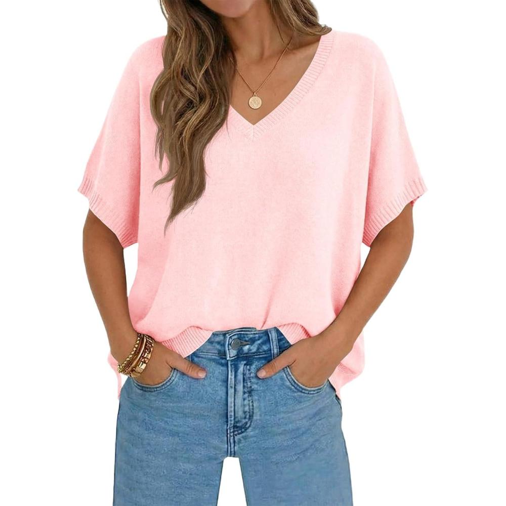 image:imageSaodimallsu Womens Oversized Sweaters Batwing Short Sleeve Lightweight V Neck Casual Summer Knit Pullover TopsPink