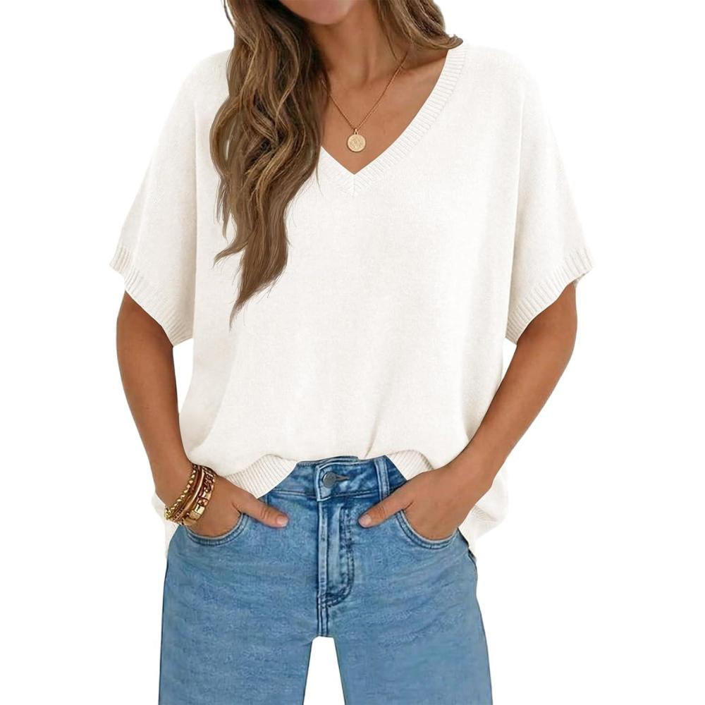 image:imageSaodimallsu Womens Oversized Sweaters Batwing Short Sleeve Lightweight V Neck Casual Summer Knit Pullover TopsWhite