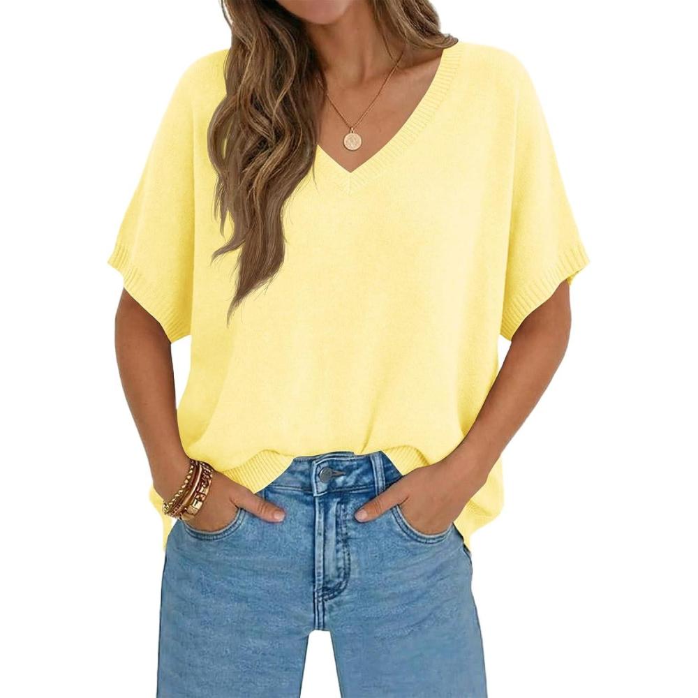 image:imageSaodimallsu Womens Oversized Sweaters Batwing Short Sleeve Lightweight V Neck Casual Summer Knit Pullover TopsYellow