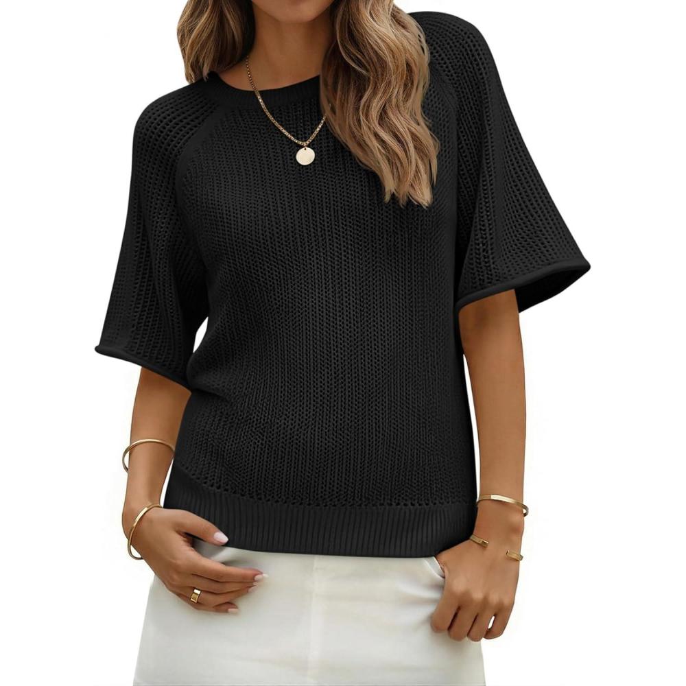 image:imageSaodimallsu Womens Short Sleeve Sweaters Crochet Knit Casual Crew Neck Lightweight Summer Trendy Sweater TopsBlack