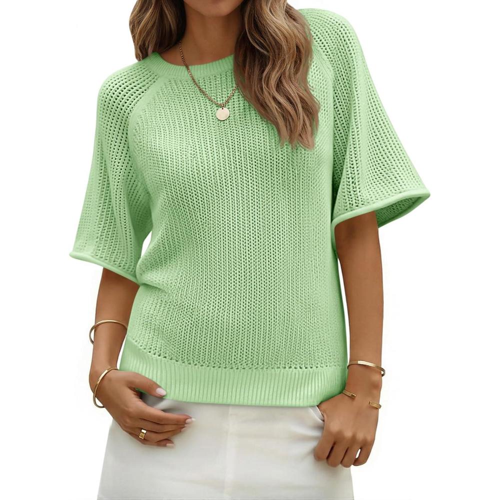 image:imageSaodimallsu Womens Short Sleeve Sweaters Crochet Knit Casual Crew Neck Lightweight Summer Trendy Sweater TopsGreen