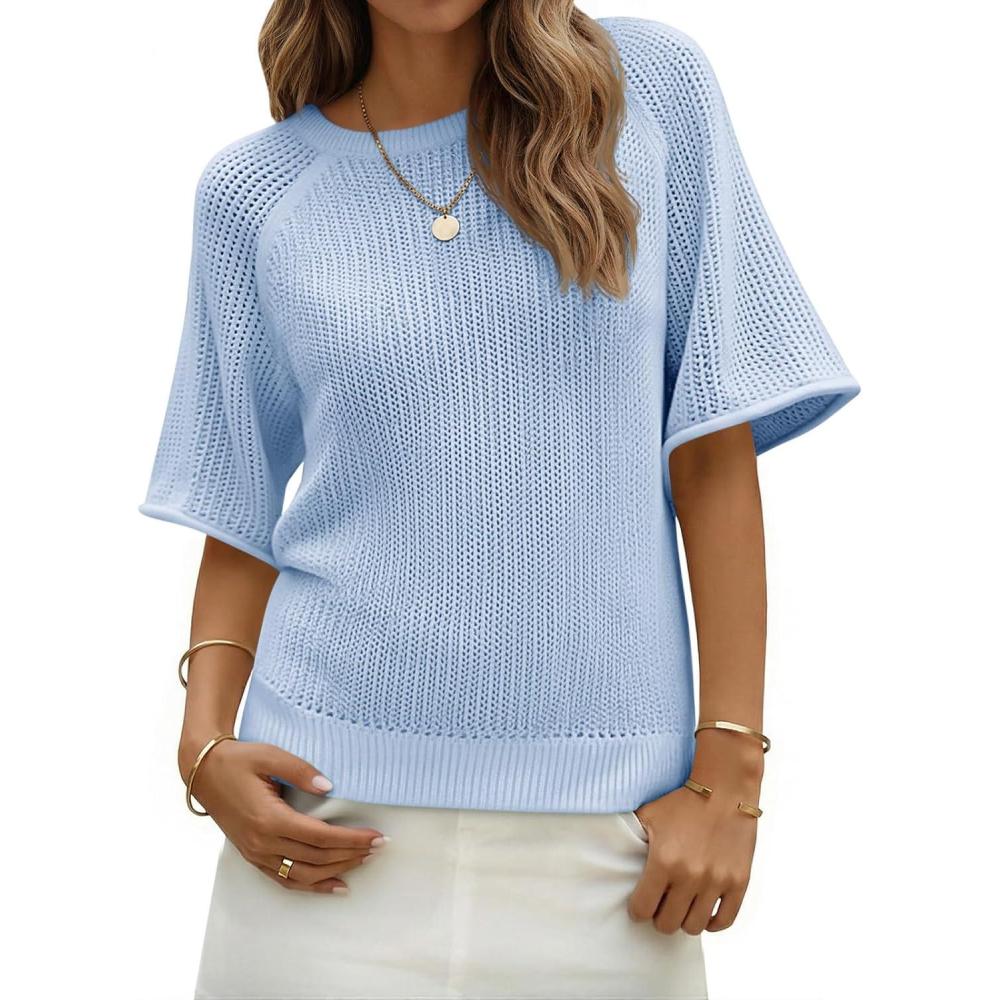 image:imageSaodimallsu Womens Short Sleeve Sweaters Crochet Knit Casual Crew Neck Lightweight Summer Trendy Sweater TopsSky Blue