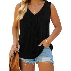 Beautife Women Plus Size V Neck Sleeveless Tank Tops Loose Fit Pleated Summer Casual Curved Hem Basic Shirts(Black)