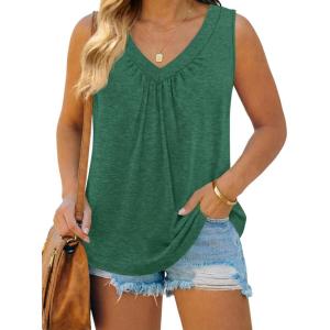 Beautife Women Plus Size V Neck Sleeveless Tank Tops Loose Fit Pleated Summer Casual Curved Hem Basic Shirts(Dark Green)