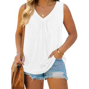 Beautife Women Plus Size V Neck Sleeveless Tank Tops Loose Fit Pleated Summer Casual Curved Hem Basic Shirts(White)