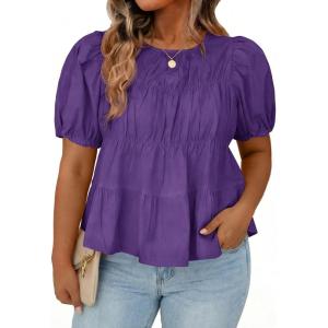 Beautife Womens Plus Size Peplum Babydoll Tops Puff Short Sleeve Smoked Pleated Crew Neck Flowy Cotton Blouse Shirts(Purple)