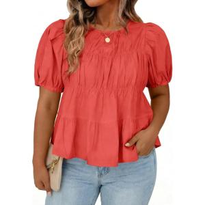 Beautife Womens Plus Size Peplum Babydoll Tops Puff Short Sleeve Smoked Pleated Crew Neck Flowy Cotton Blouse Shirts(Red)