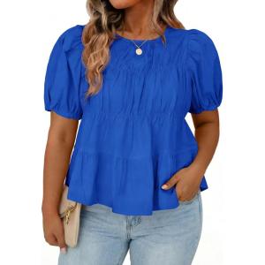 Beautife Womens Plus Size Peplum Babydoll Tops Puff Short Sleeve Smoked Pleated Crew Neck Flowy Cotton Blouse Shirts(Royal Blue)