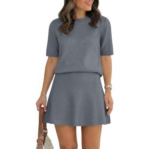Saodimallsu Womens 2 Piece Skirt Set Short Sleeve Crew Neck Sweaters A Line Mini Skirts Knit Lounge Sweater Sets(Dark Grey)