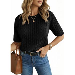 Saodimallsu Womens Cable Knit Sweater Tops Short Sleeve Crew Neck Loose Casual Summer Pullover Sweaters(Black)