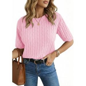 Saodimallsu Womens Cable Knit Sweater Tops Short Sleeve Crew Neck Loose Casual Summer Pullover Sweaters(Pink)