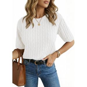 Saodimallsu Womens Cable Knit Sweater Tops Short Sleeve Crew Neck Loose Casual Summer Pullover Sweaters(White)