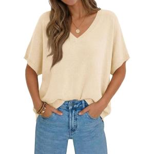 Saodimallsu Womens Oversized Sweaters Batwing Short Sleeve Lightweight V Neck Casual Summer Knit Pullover Tops(Apricot)