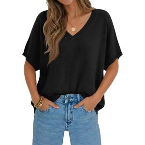Saodimallsu Womens Oversized Sweaters Batwing Short Sleeve Lightweight V Neck Casual Summer Knit Pullover Tops(Black)