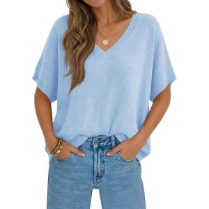 Saodimallsu Womens Oversized Sweaters Batwing Short Sleeve Lightweight V Neck Casual Summer Knit Pullover Tops(Blue)