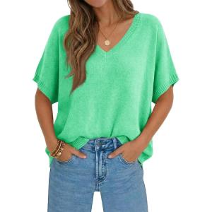 Saodimallsu Womens Oversized Sweaters Batwing Short Sleeve Lightweight V Neck Casual Summer Knit Pullover Tops(Green)
