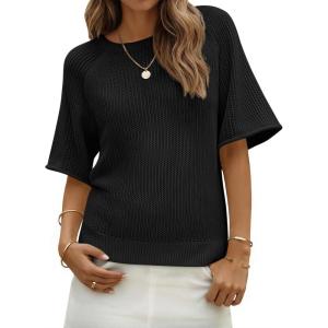 Saodimallsu Womens Short Sleeve Sweaters Crochet Knit Casual Crew Neck Lightweight Summer Trendy Sweater Tops(Black)