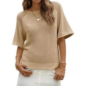 Saodimallsu Womens Short Sleeve Sweaters Crochet Knit Casual Crew Neck Lightweight Summer Trendy Sweater Tops(Khaki)