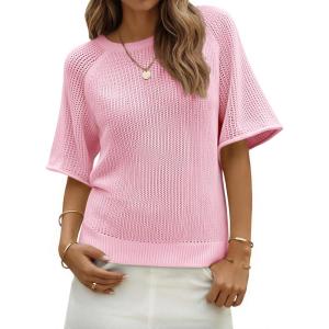 Saodimallsu Womens Short Sleeve Sweaters Crochet Knit Casual Crew Neck Lightweight Summer Trendy Sweater Tops(Pink)
