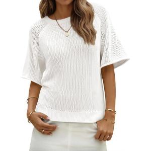 Saodimallsu Womens Short Sleeve Sweaters Crochet Knit Casual Crew Neck Lightweight Summer Trendy Sweater Tops(White)