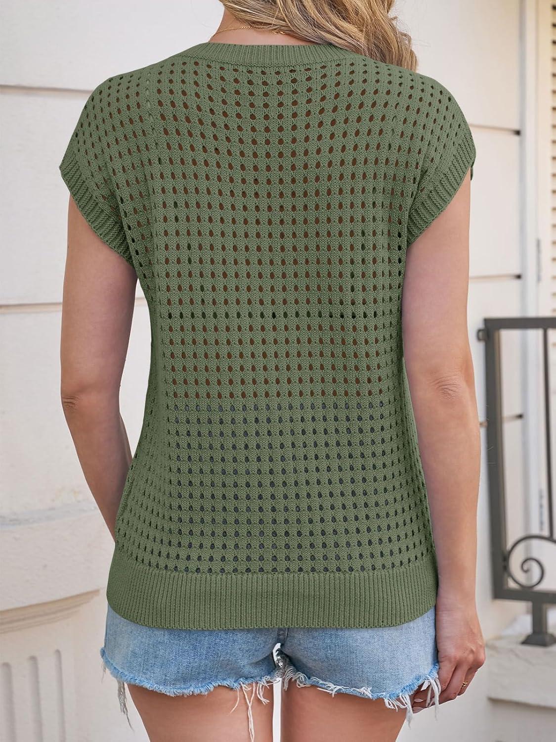 image:imageSaodimallsu Womens Crochet Sweaters Summer Cap Sleeve Knit Tops Lightweight Crewneck Beach Vacation ClothesArmy Green