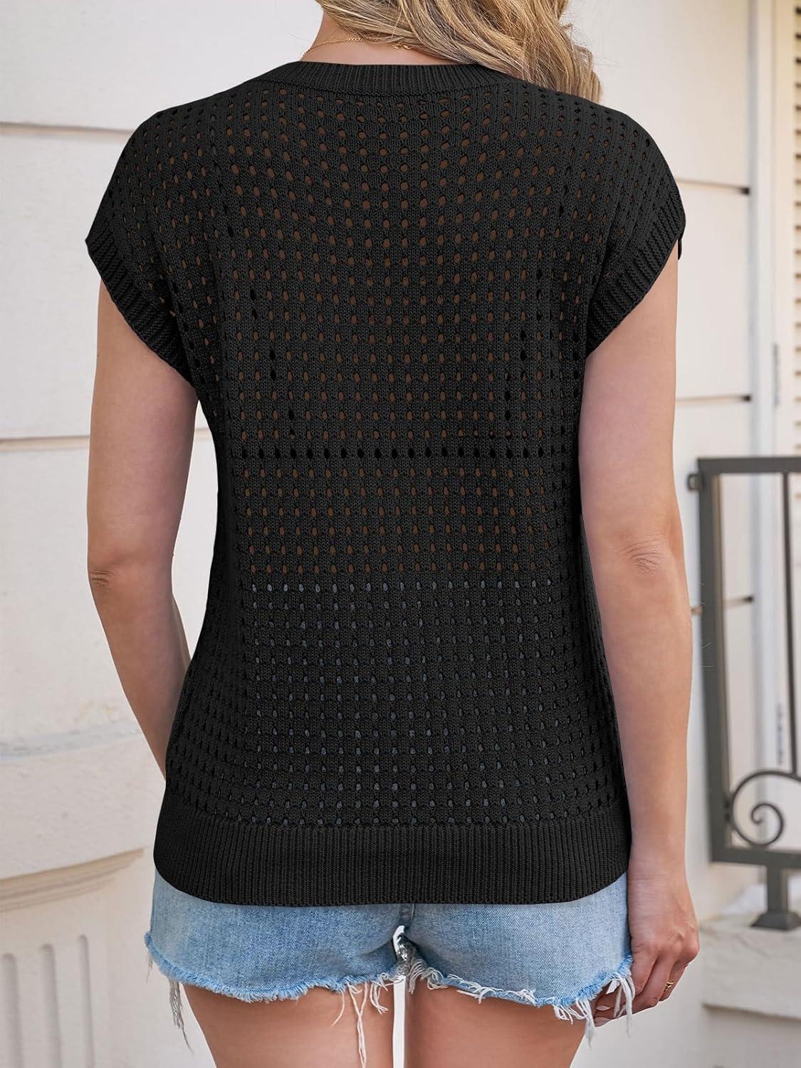 image:imageSaodimallsu Womens Crochet Sweaters Summer Cap Sleeve Knit Tops Lightweight Crewneck Beach Vacation ClothesBlack