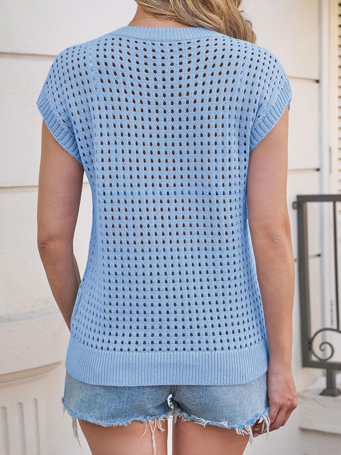 image:imageSaodimallsu Womens Crochet Sweaters Summer Cap Sleeve Knit Tops Lightweight Crewneck Beach Vacation ClothesBlue