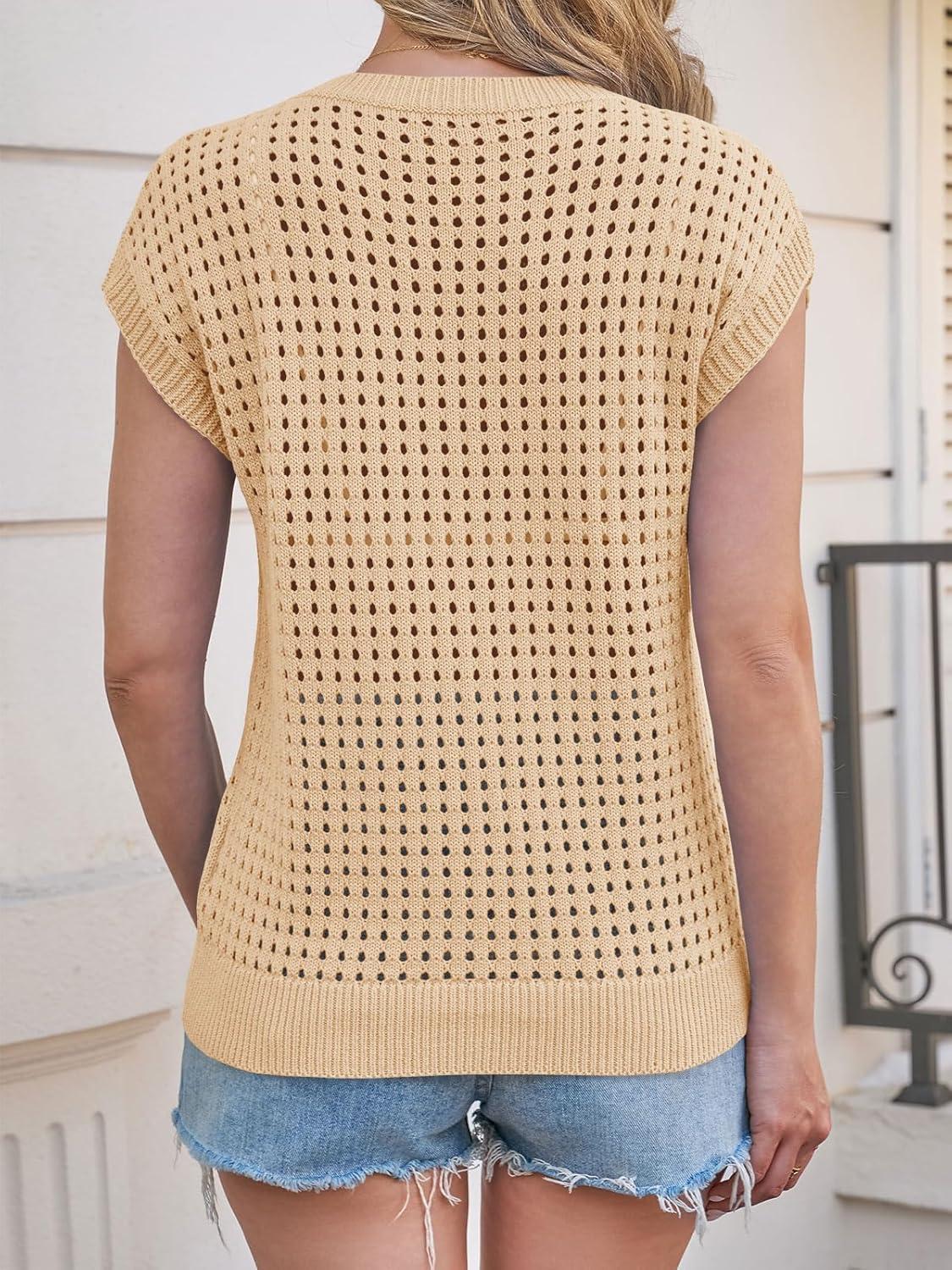 image:imageSaodimallsu Womens Crochet Sweaters Summer Cap Sleeve Knit Tops Lightweight Crewneck Beach Vacation ClothesLight Khaki