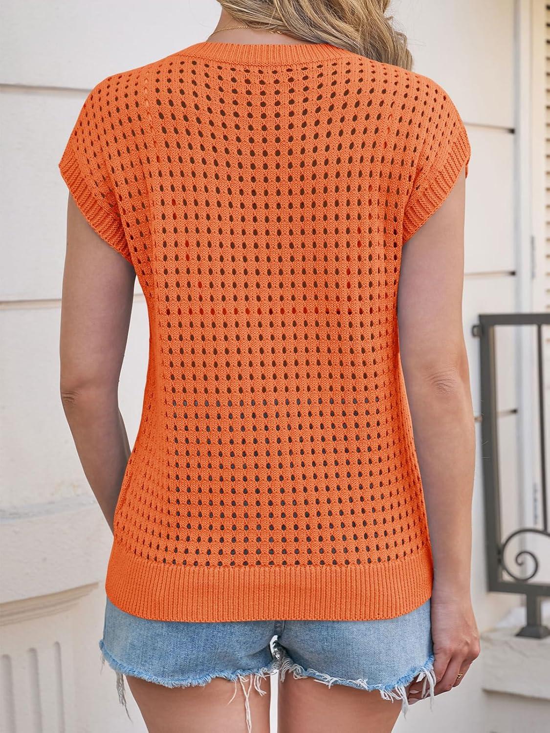 image:imageSaodimallsu Womens Crochet Sweaters Summer Cap Sleeve Knit Tops Lightweight Crewneck Beach Vacation ClothesOrange