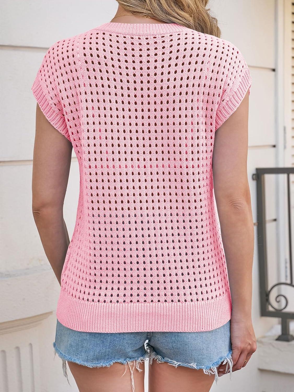 image:imageSaodimallsu Womens Crochet Sweaters Summer Cap Sleeve Knit Tops Lightweight Crewneck Beach Vacation ClothesPink
